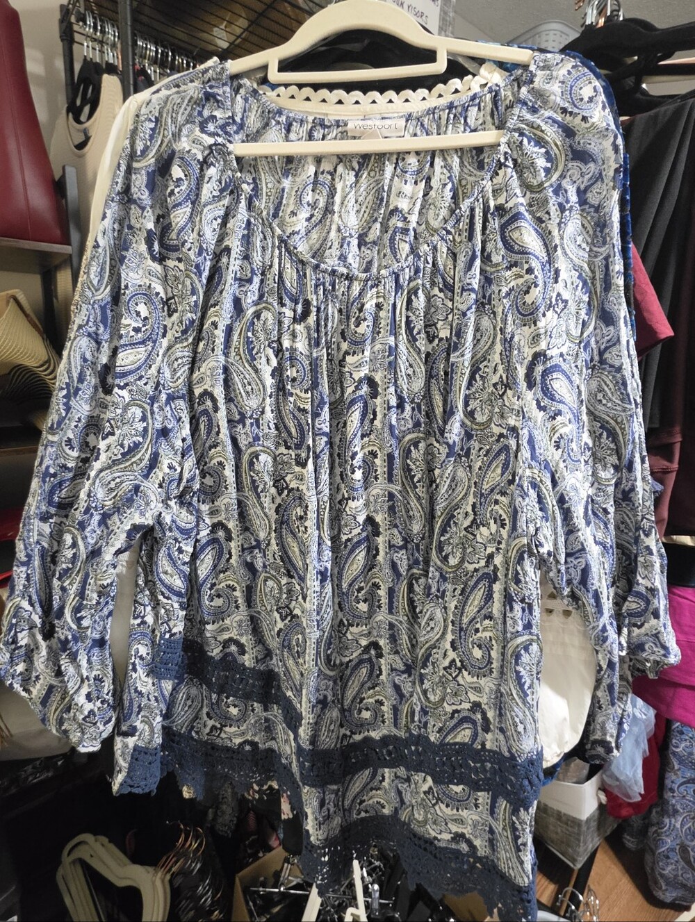 Blue Paisley Peasant Tunic with Crochet Trim